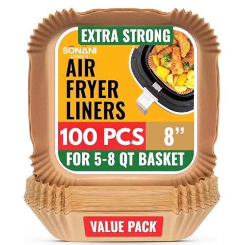 Image of Air Fryer Liners Pack of 2 - 8 Inch Silicone Air Fryer Liner, Reusable Baking Tray, Food Grade BPA Free, Heat Resistant 240C (8 inch Square - 100PCS Paper)