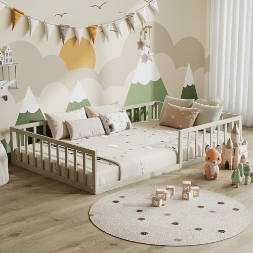 VitaliSpa Minno Floor Bed 120x200 Metal Childrens Bed Montessori Bed with Safety Guard Low Entry Height Greige