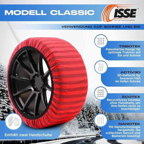 ISSE Winterreifen Schneeketten T-66 - Homologierte EN 16662-1- Hochsichere, leicht installierbare Textil Schneeketten für Autos - Rutschfeste, strapazierfähige Ketten - Set mit 2 Ketten + Handschuhe