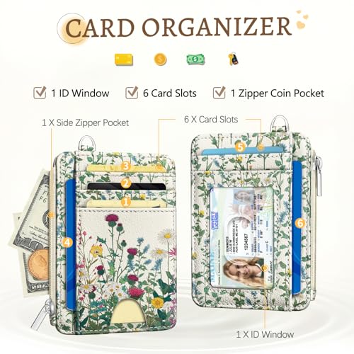 Image of Kelvoris Wildflower Credit Card Holder Small Wallet Women Flowers Slim RFID | Keychain, Zipper Coin Pocket, Front Pocket Thin Travel Card Case, Minimalist, 6 Card Slots, 1 ID Window, Ladies Gifts Woman