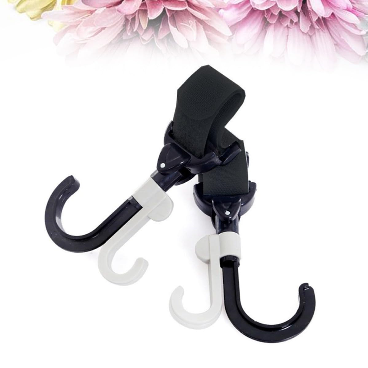 2pcs Stroller Hooks Black Resin 360 Degree Adjustable Hook and Loop image 5