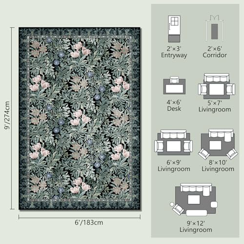 Image of Washable Area Rugs 6x9 Black Green Vintage Floral Botanical Pattern,Perfect for Living Room, Bedroom, Kids Room, Nursery - Stain & Water Resistant Non-Slip, Pet & Child Friendly /Bedroom Decor