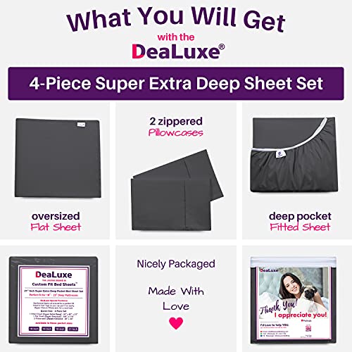 DeaLuxe Full Size Sheet Sets – Deep Pocket Full Size Sheets Set – 4 Piece Set with 21” Extra Deep Pocket Fitted Sheet, Oversized Flat Sheet, 2 Zipper Closure Pillowcases – Dark Grey by DeaLuxe - Image 5