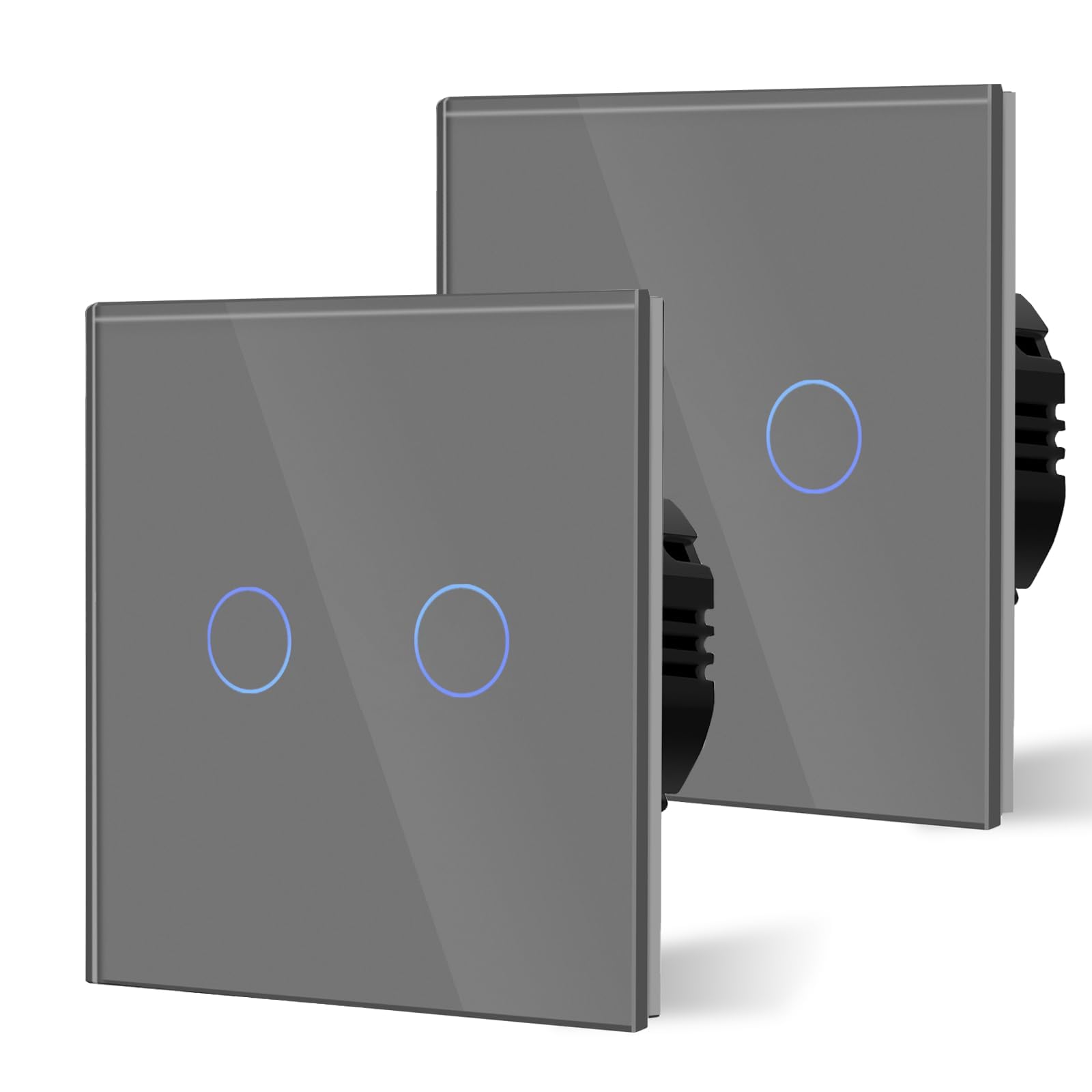 BSEED Touch Light Switch,Standard Touch Sensitive bathroom Switchs,Tempered Glass Panel with LED Backlight, No Neutral Wire Needed,2 Gang 1 Way-2 PACK,Gray 86mm