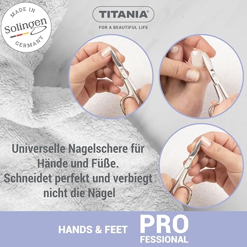 TITANIA Nagelschere Solingen (9,5cm) • Gebogene Schere • Extra scharfe Nagelschere • Professionelle Maniküre Schere aus Carbonstahl • Made in Germany (Solingen)