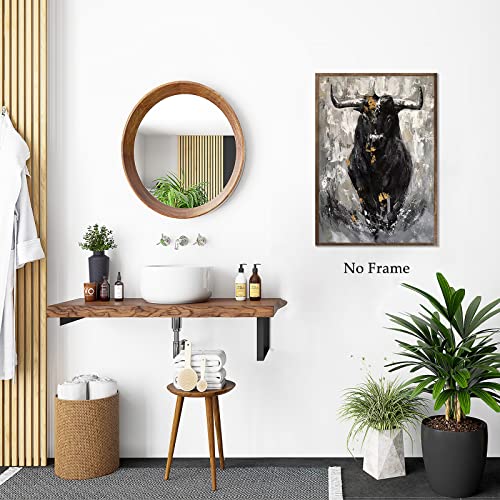 Bull Cow Canvas Wall Art Abstract Cow Painting For Bathroom Texas Cow Picture Black Cattle Poster Longhorn Art Print Rustic Farmhouse Country Animal Wall Art Fighting Bull Artwork 16X24Inch No Frame #TOP6