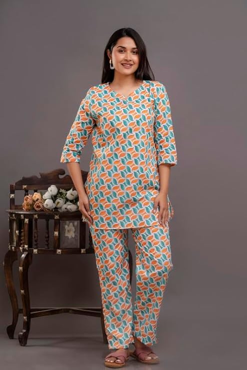 Image of Pure Cotton Printed Night Suit Set | Top Pyjama Set for Women | Night Dress of Kurta Pyjama Set for Women | Kurta Top Set