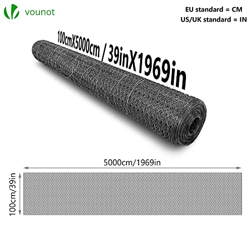 VOUNOT® Maschendrahtzaun Sechseckgeflecht, Drahtzaun Hasendraht Kaninchendraht Hühnerdraht, Maschenweite 13 mm, Höhe 100 cm, Länge 50 m, PVC-Beschichtet Grau