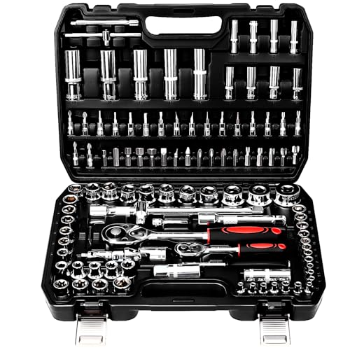 TLGREEN 108 Pcs Mechanic Socket Tool Kit,CR-V Steel Metric And 1/4' & 1/2' Ratchet set,Universal Joint,Extension Bars,Adapter,Quick Release Ratchet Wrench,Tool Box Set for Car Garage Dorm