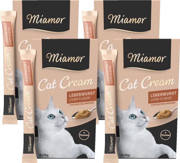 Miamor Cat Snack Leberwurst Cream 24x15g + GRATIS Cat Cream Probier-Sachet – cremiger Katzensnack mit Thymian – Schlecksnack Katze – ohne Zuckerzusatz – Katzencreme Snack