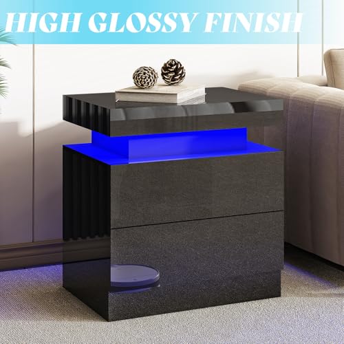 Amerlife CCT027-1061110358N High Gloss Led Nightstand Set Of 2 With Charging Station, Modern Bedside Table Night Stand With Led Lights, Sofa End Side Tables With Drawers For Bedroom thumb #3