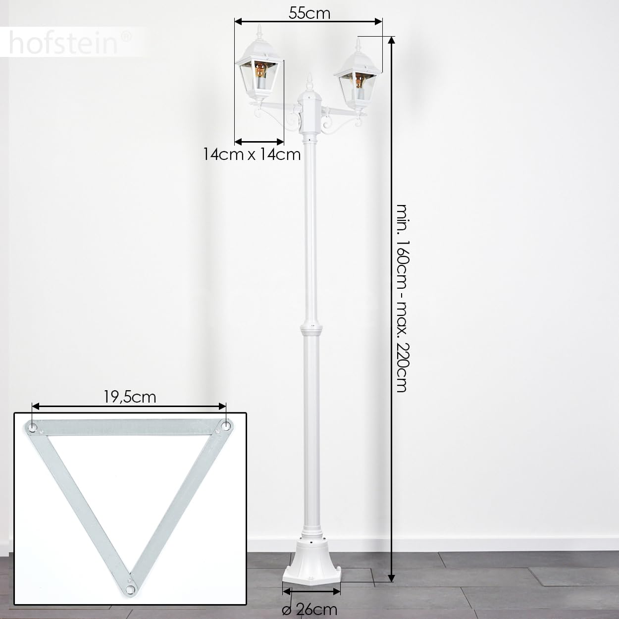 Lampa drogowa zewnętrzna Hong Kong, lampa ścieżki z metalu/szkła w kolorze białym/przezroczystym, kandelabr w antycznym stylu, wysokość maks. 220 cm, oświetlenie ogrodowe IP44, 2 x E27, bez żarówki