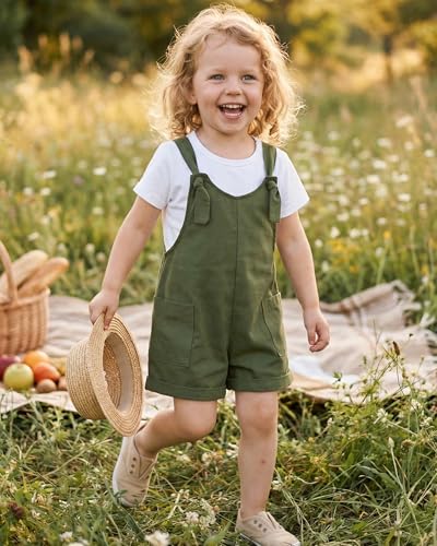 Image of HINTINA Toddler Girl Overall Shorts Set Adjustable Loose Jumpsuit Short Sleeve T-shirt Vacation Summer Outfits with Pockets