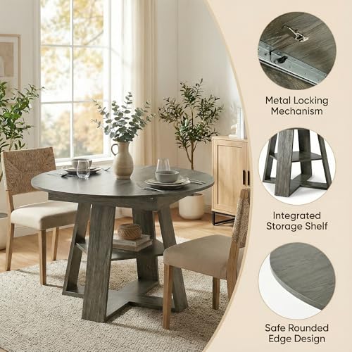 Image of 59 inch Extendable Round Dining Table for 4-8, Folding 59 inch to 43.3 inch Modern Kitchen Oval Dining Table with Removable Leaves Storage Shelf for Kitchen Living Room Gray