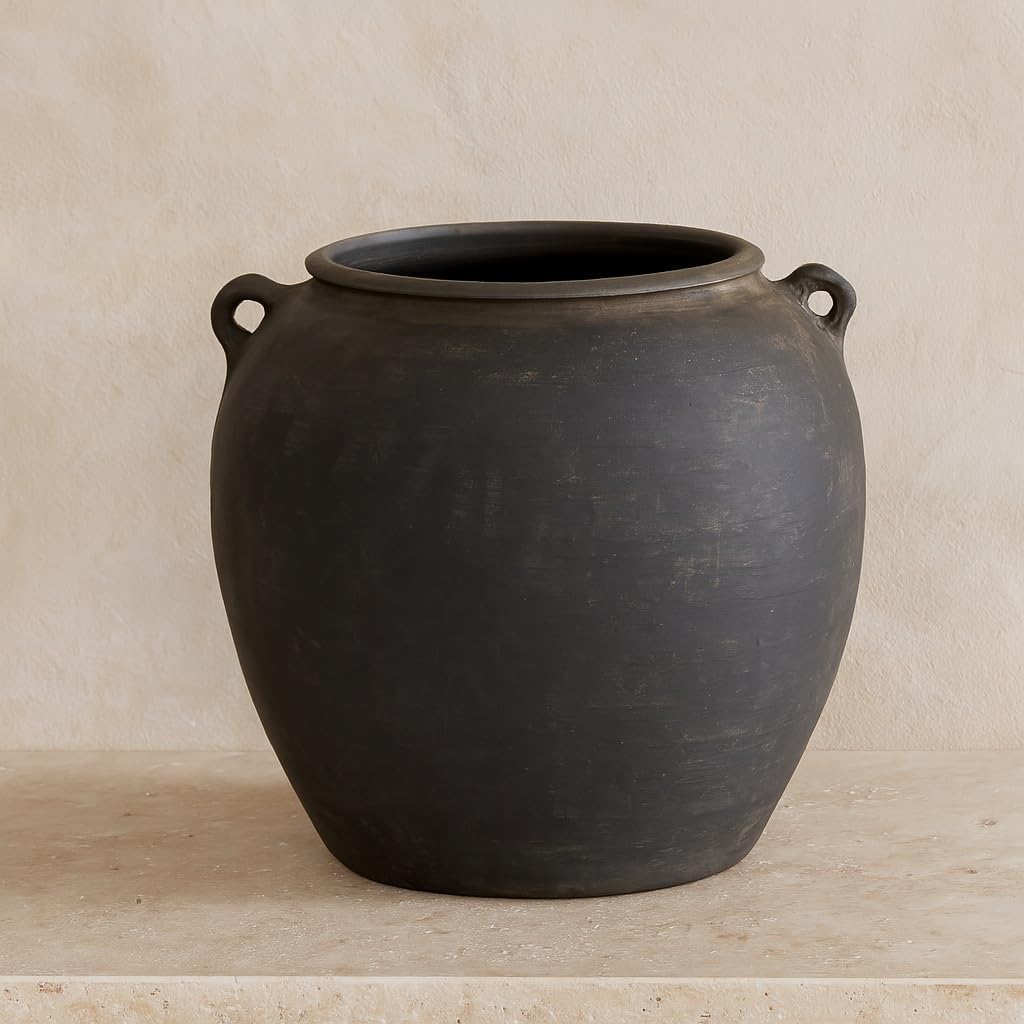 Artissance Vintage Charcoal Gray Ceramic Pottery Jar – Large 12'' Decorative Vase with Dual Handles