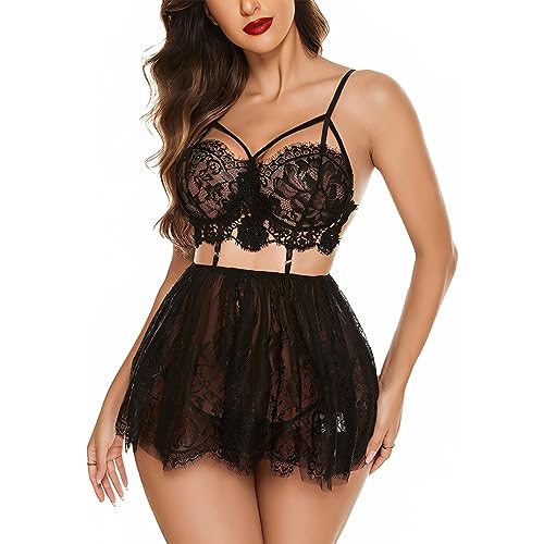 Image of Women's Lace Babydoll Lingerie Set, White Floral Lace with V-Neck Design, Adjustable Straps, High-Waisted Skirt, 2 Piece Set
