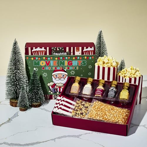 Image of Thoughtfully Movie Night Popcorn Set with Christmas Holiday Band, Includes Yellow & Mixed Popcorn Kernels, 10 Popcorn Bags, 5 Gourmet Seasonings & Toppings, Family Movie Night Gift Basket