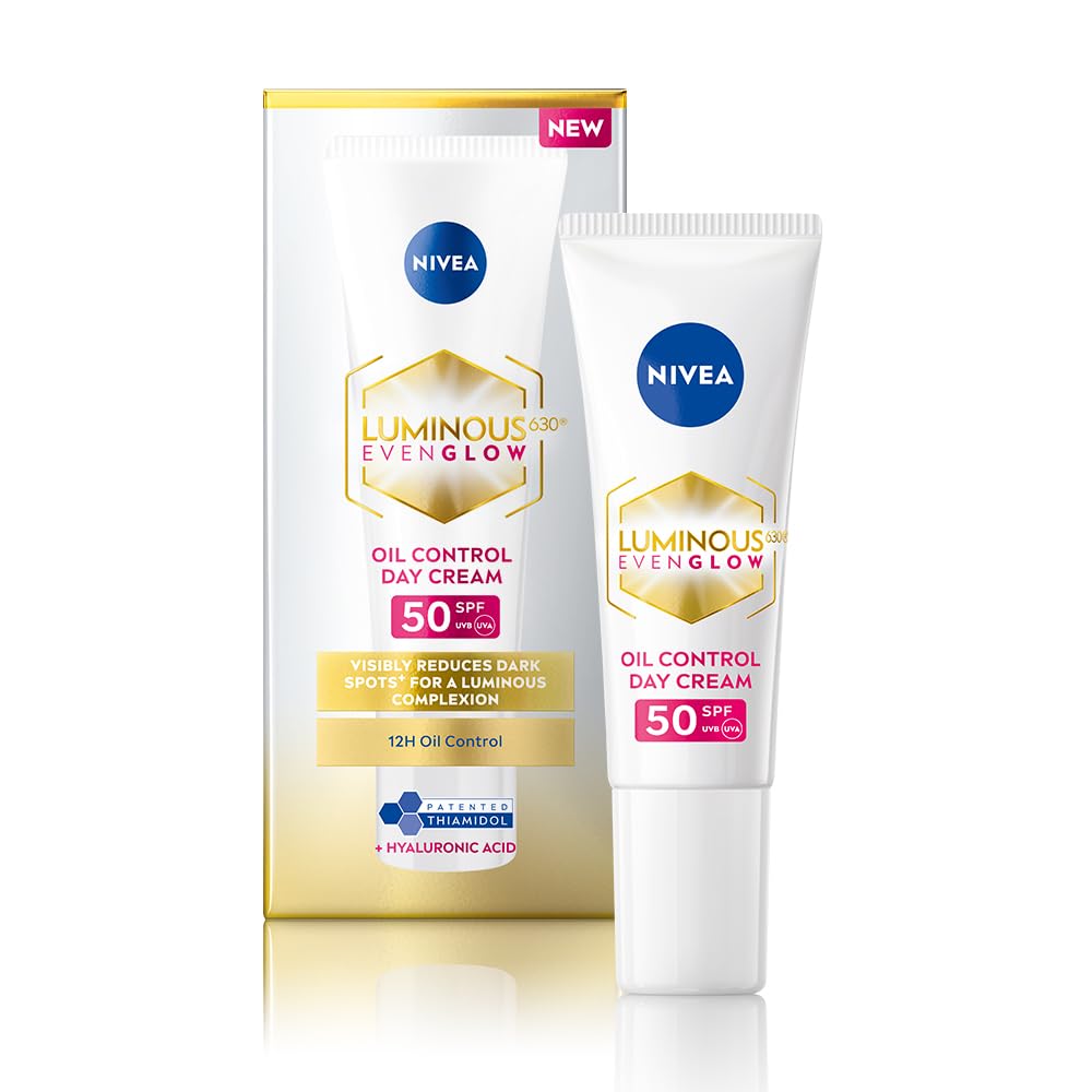 NIVEA Luminous Even Glow Oil Control Day Cream for face |SPF 50 with UV protection & UVA UVB filters | Thiamidol, Hyaluronic Acid, Vitamin E for Dark Spots Reduction & Deep Moisturization NIVEA Luminous Even Glow Oil Control Day Cream for face |SPF 50 with UV protection & UVA UVB filters | Thiamidol, Hyaluronic Acid, Vitamin E for Dark Spots Reduction & Deep Moisturization
