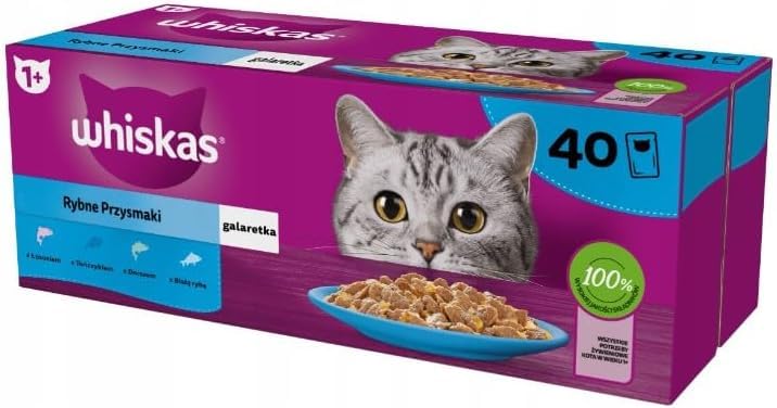 Whiskas Adult 1+ wysokiej jakości mokra karma dla dorosłych kotów, wybór ryb, galaretka, 4 sztuki w opakowaniu 160 porcjowanych woreczków (160 x 85 g)