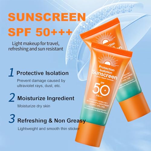 INSEEK 2 Pack Sunscreen SPF 50 for Face and Body, Broad Spectrum UVA/UVB Protection, Water-Resistant Lightweight Non Greasy Daily Moisturizing Sunscreen, No White Cast for Beach, Makeup & Daily Use