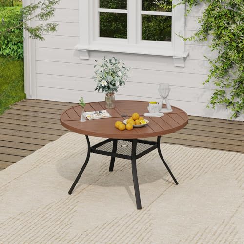 Image of VICLLAX 40.6 inch Round Outdoor Table, Patio Dining Table for 4 with Umbrella Hole for Garden Lawn Deck Backyard, Walnut