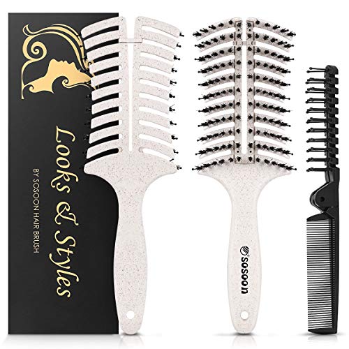 Boar Bristle Hair Brush, Curved Vented Hairbrush Quick Blow Dry, Paddle Detangling Brush with Travel Foldable Hair Comb for Women Men Kids Tangled Wet Dry Hair, Gift Kit