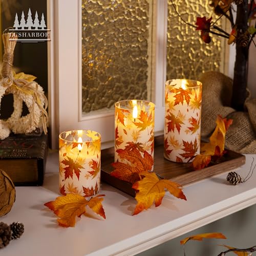 Image of Fall Flameless Candles with Remote, Autumn Maple Leaf Battery Candles | Set of 3 LED Glass Candles with Timer Battery Powered Pillar Candles Thanksgiving Decor Electric Fake Candles Mantel