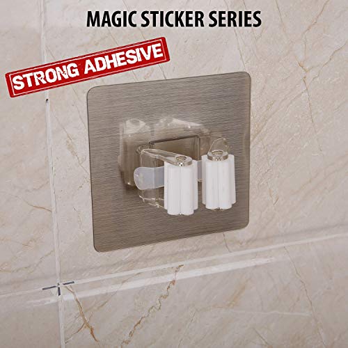 Image of Zollyss Self Adhesive Mop and Broom Holder Wall Mounted, Magic Sticker Broom Gripper for Bathroom, Kitchen & Utility Area, Silver, Pack of 2