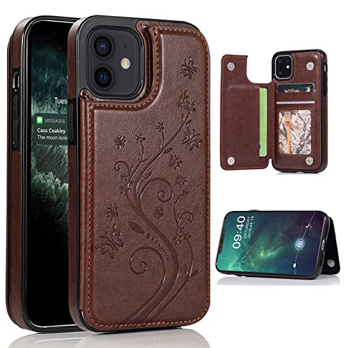 JIATAY Wallet Phone Case for iPhone 14 Case with Card Slot, Butterfly Flower Flip Leather iPhone 14 Phone Case with Stand for Women Men (Brown)