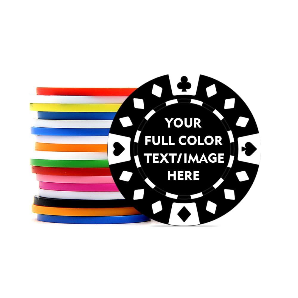 100 Custom Plastic Poker Chips, Print with Personalized Text, for Texas Hold'em Poker, Card Club or Late Night Poker Games (Style 13)