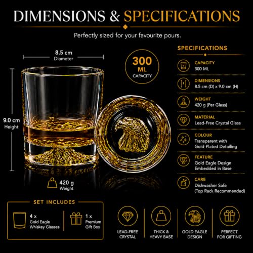 Image of Melbify Eagle Whiskey Glass | Set of 4 | 300 ml | Whiskey Glass Gift Set| Golden Whiskey Glasses|Big| Unique| Broad |Thick| Premium | Thick Bottom | Premium | Speciality Whiskey Glass | Gold Plated