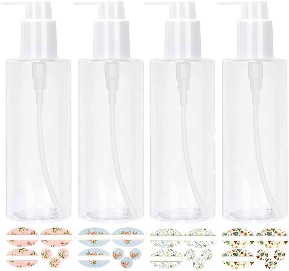 STARSIDE 4 Pack 240ml 8oz Empty Clear Plastic Pump Bottles with White Pump.Refillable Bottle for Essential Oils,Lotions,Conditioner & Wash Shower Dispenser,Beauty Products(6 Labels as gift)