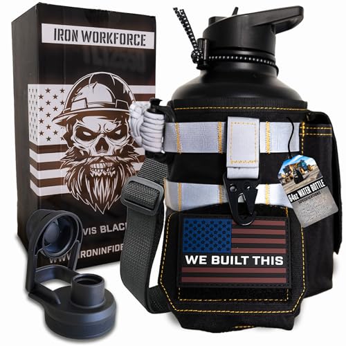 Image of Iron Infidel Workforce Water Bottle - 64 oz Insulated Stainless Steel | Half Gallon Vacuum Water Jug | Paracord Handle, Removable Sleeve | Large Thermal Flask | Hiking, Camping, Workouts (Black)