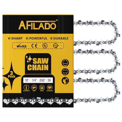 3 Pack 10 Inch Chainsaw Chain 58 Drive Links, .050" Gauge, 1/4" pitch, Semi-Chisel Chain Saw Chains for Husqvarna, Craftsman, Poulan, Greenworks and More Chainsaw Brands