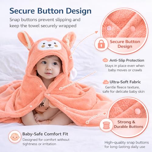Image of SIGNAMIO Baby Towels 2-4 Years - Soft Poncho Hooded Bath Towel for Kids - Lightweight Baby Towel for 0 to 6 Month - Premium Material for Comfort and Absorbency - Peach Color