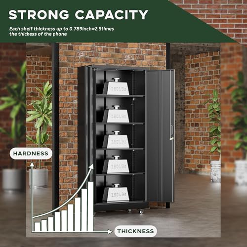 Image of Greenvelly Metal Storage Cabinet with Wheels, 73 inch Black Lockable Rolling Storage Cabinets with Doors and 4 Adjustable Shelves, Large Steel Cabinet for Garage, Office, Home, School