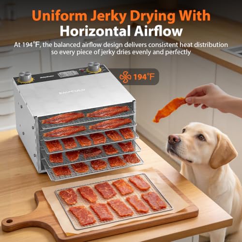 Image of Food Dehydrator, 5 Stainless Steel Trays, 194F Temperature Control, 400W | Compact 3.1ft drying space, easy knob operation, dishwasher-safe, for jerky, fruit, herbs & dog treats, great for home use