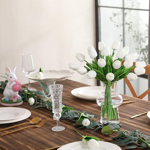 Image of White Fake Tulips Artificial Flowers - 24 Pcs Artificial Silk White Tulips Faux Flowers with Stems for Home Wedding Hotel Office Centerpiece Decor Easter Decorations