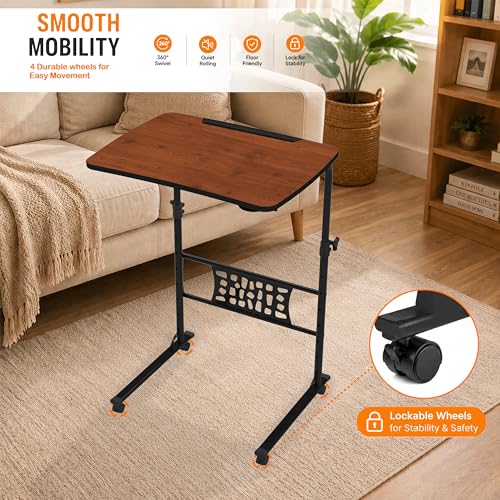 Image of Amazon Basics | Ergo Rise | Sit & Stand | Height Adjustable Laptop Table with Lockable Wheels | Rustic Amber