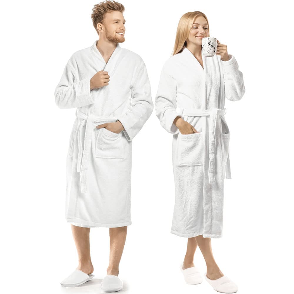 Arcadiandeals Premium Terry Cotton Bathrobe Unisex White bathrobe Luxurious Hotel Quality Spa Robe Highly Absorbent and Soft Large, White, Large