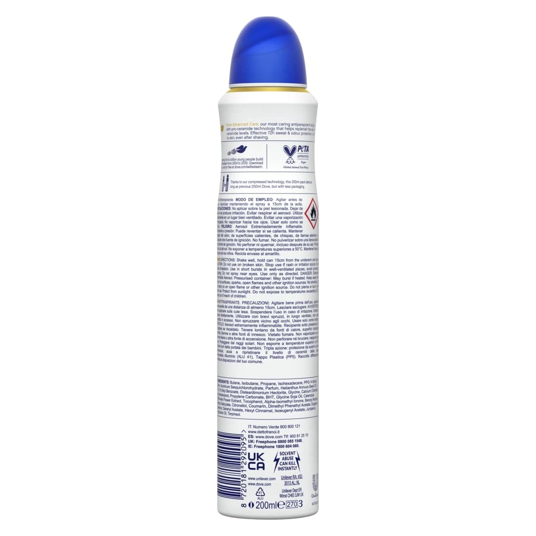 Dove Deodorante Spray Advanced Care Original, con Formula Idratante e Delicata sulla Pelle, Senza Alcol, Pelle Asciutta Fino a 72 Ore, Deodorante Uomo e Donna, 6 Pezzi da 200ml