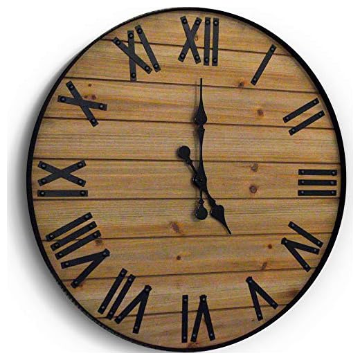 Wallcharmers Large Oversized Rustic Wall Clock, 24 ” | Handmade with Real Wood and Roman Numerals