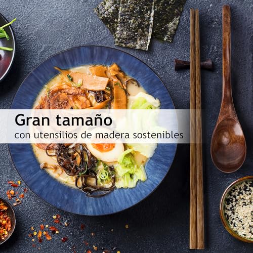 MIAMIO - Set de cuencos de ramen - 2 x cuenco de ramen tradicional japonés de cerámica grande (1050 ml) - incluye 2 cucharas de madera 2 pares de palillos de madera y 1 libro de recetas. (Azúl)