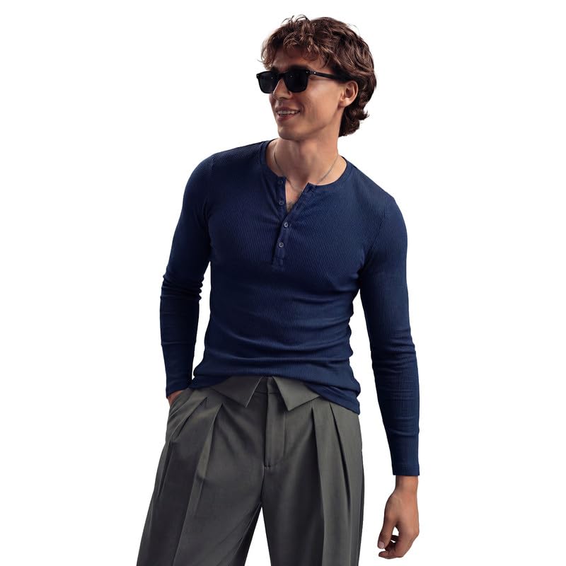 fugazee 100% Cotton Navy Ribbed Henley Long Sleeves T-Shirt | Muscle fit-picture-30