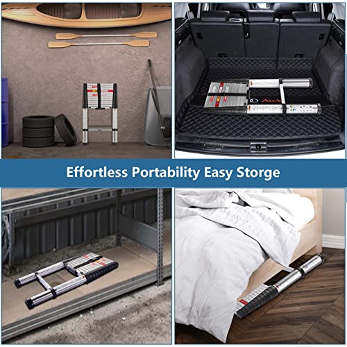 12.5 Ft Telescoping Ladder, Meanfun One-Button Retraction Collapsible Extension Ladder With Thickened & Longer Tube, Slow Down Design Compact Telescopic Ladder For Home Or Rv Work, 330Lb Capacity #TOP5