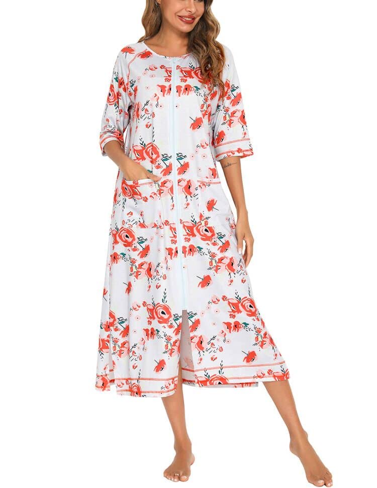 Image of Veseacky Women Robe Zipper Front House Coat 3 /4 Sleeve Nightgown Full Length Ladies Lounge Dress with Pockets S-XXL
