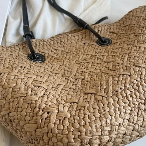 Khaki Stylish Woven Beach Bag, Straw Shoulder Bag, Large Capacity for Outdoor Shopping2