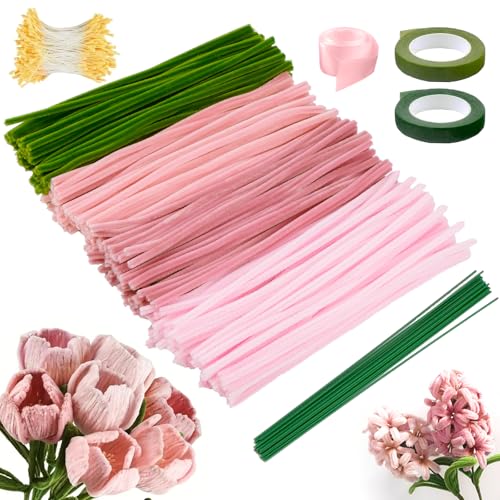 VIBINHO Pfeifenreiniger Blumen Set - 300 Stück Pfeifenputzer zum Basteln mit Blumendraht Grün, Blumenband, 2 Klebebandrollen, Blumen Staubblatt, 4 Farben Pipe Cleaner für Blumenstrauß DIY (Rosa)