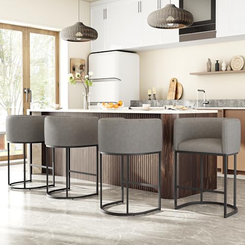 Image of 26 inch H Counter Height Bar Stools Set of 4, Modern Barrel Counter Stools with Backrest and Arms, Linen Fabric Upholstered Accent Barstools for Kitchen Island,Support 450 LBS (Gray)