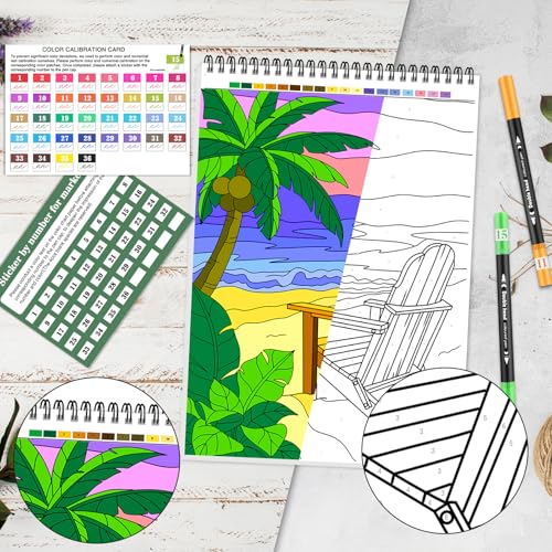 Image of ADEVIAN 3-in-1 Color by Numbers Adult Coloring Books with 36 Colors Markers - Spiral Bound & Single-Sided, Easy Number Matching & Tear-Out for Framing, Stress Relief & Creativity for Beginners